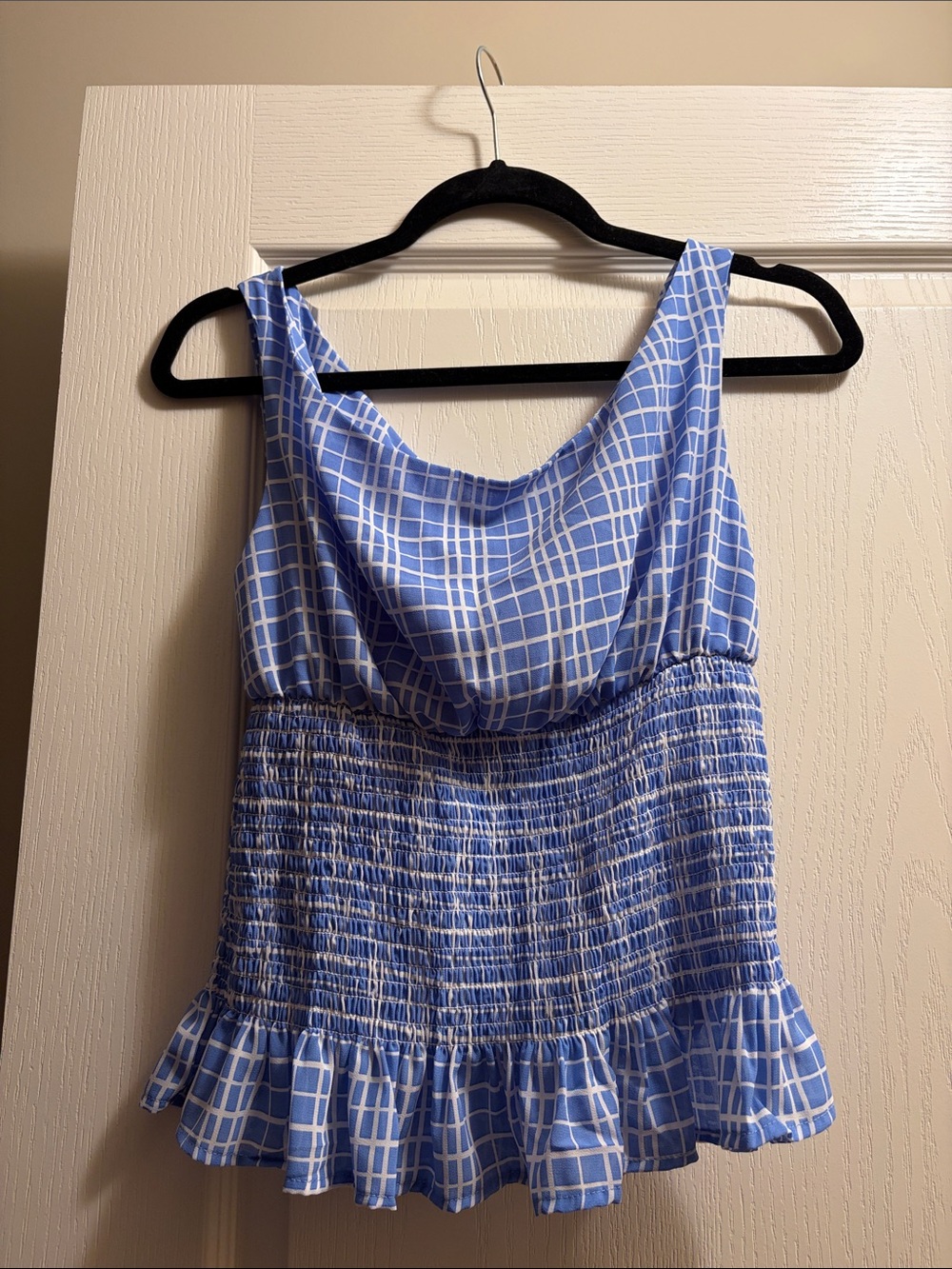 Blue Grid Print Smocked Peplum Tank Dress